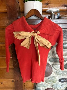 Deborah Korosec Studio Gang Orange Red Ribbed Off Shoulder Sweater Top